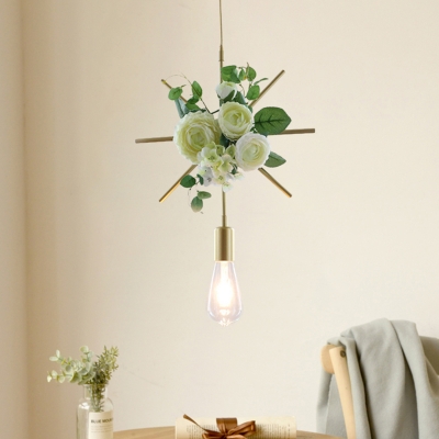 Green Flower Suspension Light Countryside Iron 1-Light Dining Room Ceiling Pendant with Round/Linear/Rectangle Frame