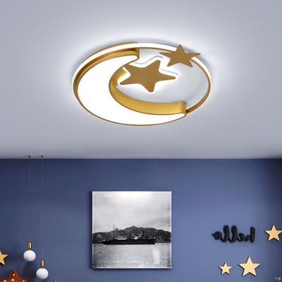 LED Bedroom Ceiling Mounted Fixture Cartoon Pink/Blue/Gold Flush Light with Moon and Star Acrylic Shade