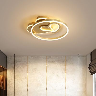 LED Bedroom Flush Mount Lamp Cartoon Gold Finish Ceiling Light Fixture with Heart Acrylic Shade