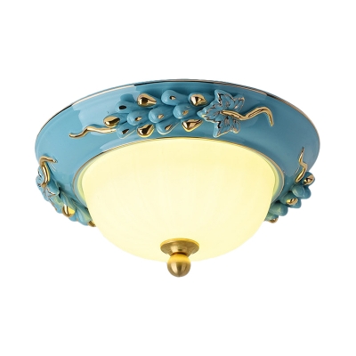 LED Opal Glass Flush Mount Lighting Pastoral Style Yellow/Blue Bowl Shade Ceiling Light with Ceramic Fruit/Flower Design, 12