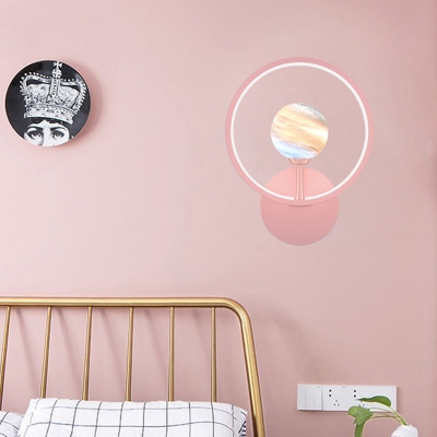 Loop Wall Light Fixture Nordic Metal LED Bedside Wall Mounted Lamp in Black/White/Pink with Planet Glass Shade