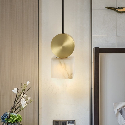 Marble Square/Cylinder Pendant Light Fixture Nordic 1 Head Gold Hanging Ceiling Lamp for Bedside