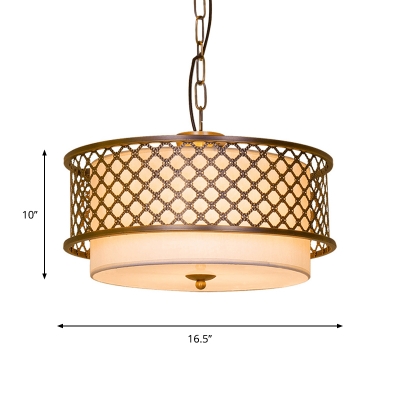 Metal Brass Pendant Chandelier Drum Mesh 3 Heads Warehouse Hanging Ceiling Light with Fabric Shade Inside