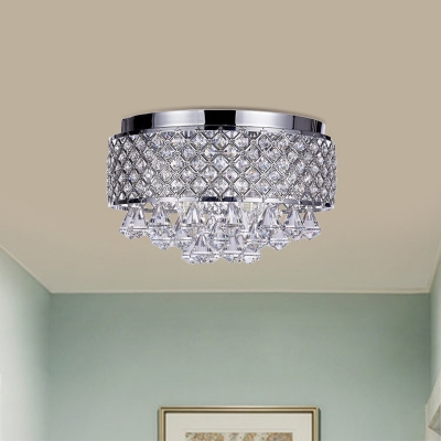 Metal Chrome Flush Ceiling Light Round 3 Heads Modern Flush Mount with Diamond Crystal Drop