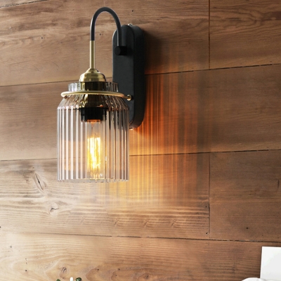 Mug Shaped Bedside Wall Light Retro Ribbed Glass 1 Bulb Black Sconce Lighting with Arched Arm