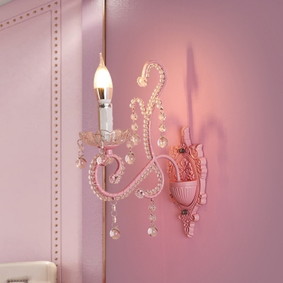 Pink Finish Candle Wall Mount Light Cartoon 1/2-Bulb Metal Wall Sconce Lamp with Crystal Deco