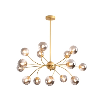 Postmodern Spherical Ceiling Chandelier Smoke Gray/Cognac Glass 15-Head Living Room Arced Suspension Light in Gold