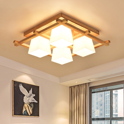 Trapezoid Bedroom Flush Light Fixture Milk White Glass 4/6-Bulb Japanese Ceiling Mounted Lamp with Wood Grid Frame