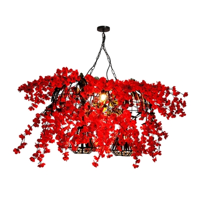 Red 3 Heads Island Pendant Industrial Metal Bird and Diamond Cage Hanging Light with Flower Decoration