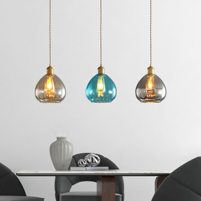 Retro Raindrop Stained Glass Drop Pendant 3 Bulbs Multiple Hanging Light in Brass with Round/Linear Canopy