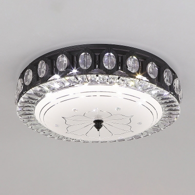 Round Metallic Ceiling Mounted Fixture Modern LED Bedroom Flush Lighting in Black with Crystal Accent