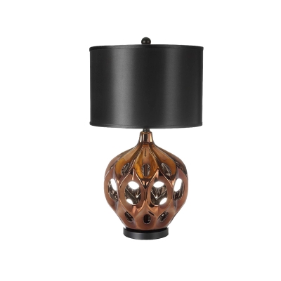 Rustic Hollowed Out Jar Table Light Single Ceramic Nightstand Lamp in Gold/Rose Gold with Straight Side Fabric Shade