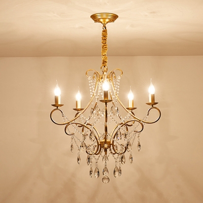 Scrolls Metal Chandelier Pendant Light Vintage 5/6 Bulbs Living Room Suspension Lamp in Gold with Crystal Droplet