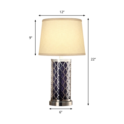 Single-Bulb Fabric Night Light Retro White Tapered Table Lamp with Nickel Quatrefoil Pillar Base