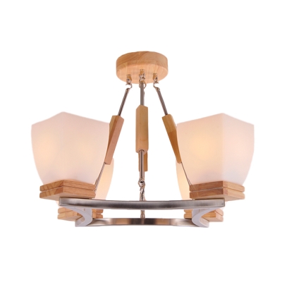 Trapezoid Bedroom Chandelier White Frosted Glass 4 Heads Modernism Ceiling Pendant Light in Chrome and Wood