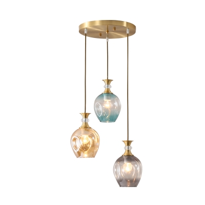 Tulips Multi Light Pendant Modernist Tan-Blue-Grey Dimpled Glass 3 Lights Gold Hanging Lamp Kit