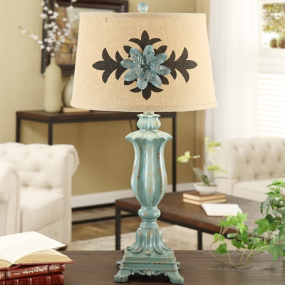 Urn Living Room Table Light Classic Resin 1 Bulb Blue Night Lamp with Drum Fabric Shade