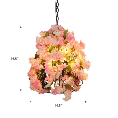 Warehouse Candelabra Chandelier Light 3 Heads Iron Flower Suspension Lamp in Pink with Wire Cage