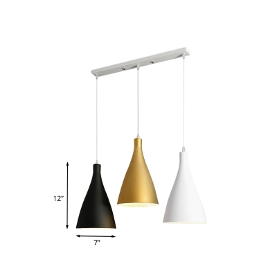 White-Black-Gold Cone Cluster Pendant Light Modernist 3 Lights Metallic Hanging Ceiling Lamp with Round/Linear Canopy