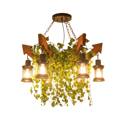 Wood Arrow Flower/Plant Chandelier Cottage 6-Bulb Wine Club Hanging Pendant with Lantern Clear Glass Shade in Pink/Green