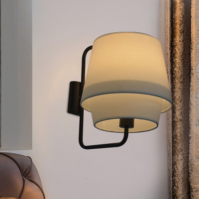 1 Bulb 2 Shades Wall Light Simple White Fabric Wall Sconce in Brass/Black with Braided Trim