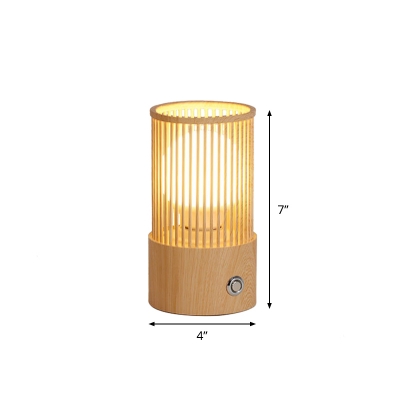 1 Bulb Coffee House Table Light Minimalist Beige Desk Lamp with Tube Cage Wood Shade