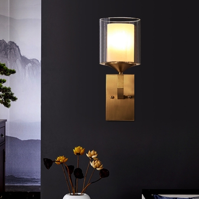 1 Bulb Wall Lighting Fixture Clear and Matte Glass Retro Bedroom Wall Sconce with Dual Pillar Shade