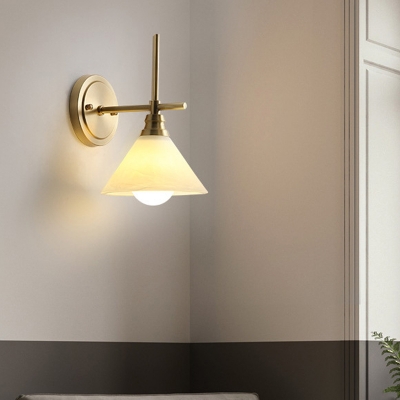 1 Head Frosted White Glass Sconce Retro Brass Cone Bedside Wall Mounted Lamp with Cross Arm