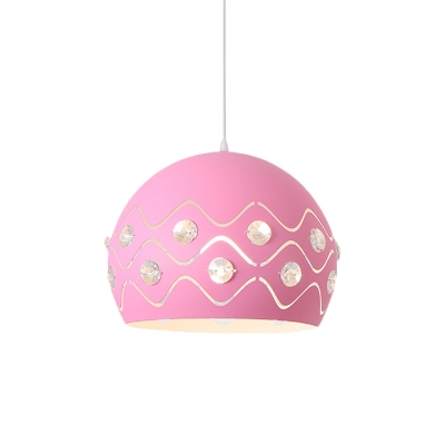 1 Light Dining Room Down Lighting Macaron Pink/Yellow/Blue Finish Pendant with Dome Iron Shade and Crystal Accent