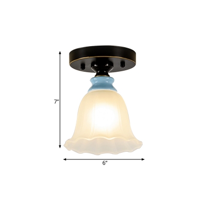 1-Light Flower Flush Mount Lighting Traditional Black Opal Glass Flush Lamp Fixture
