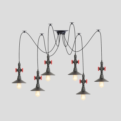 2/3/6 Bulbs Swag Multi Ceiling Light Industrial Saucer Iron Pendant Lamp Fixture in Black with Valve Decor