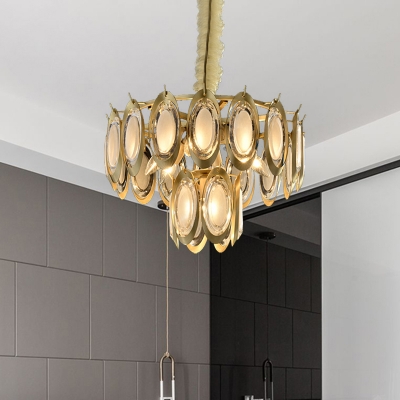 2-Layer Oval Ceiling Chandelier Modernism Metal 7-Head Living Room Hanging Pendant Light in Brass