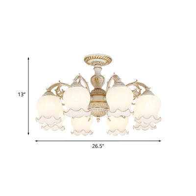 3/5/8-Head Opal Glass Flush Chandelier Rustic White Ruffle Bedroom Semi Flush Mount Ceiling Light