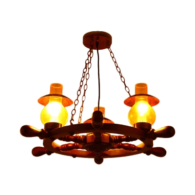 3-Light Wood Ceiling Lamp Farmhouse Brown Rudder Dining Room Chandelier Lighting Fixture with Lantern Yellow Glass Shade