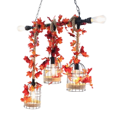 5 Lights Bird Cage Island Pendant Industrial Red/Rose Red Iron Hanging Light Fixture with Fake Leaf/Flower