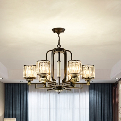 6/8 Heads Hanging Chandelier Modernism Living Room Suspension Light with Cylinder Crystal Block Shade in Black