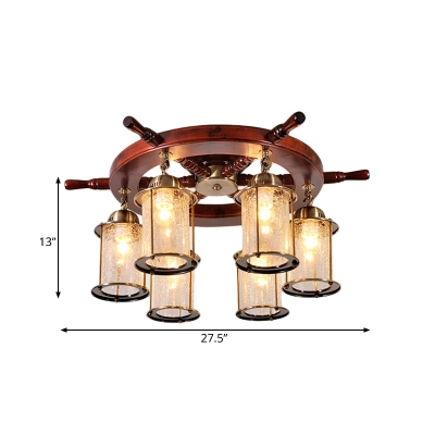 6 Lights Cylinder Semi Flush Mount Light Retro Style Gold Finish Clear Crackle Glass Ceiling Lighting with Wood Rudder Deco