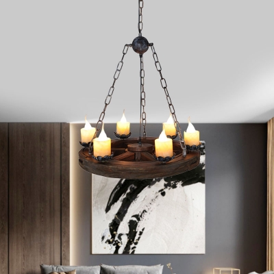 6 Lights Wheel Chandelier Lighting Warehouse Wood Marble Pendant Light Fixture for Living Room