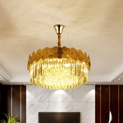 9 Heads K9 Strip Crystal Chandelier Retro Polished Gold Drum Lounge Ceiling Pendant