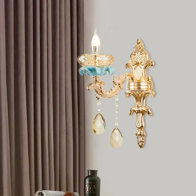 Amber Crystal Candle Wall Lamp Modern 1/2-Bulb Bedroom Wall Sconce in Gold with Carved Arm
