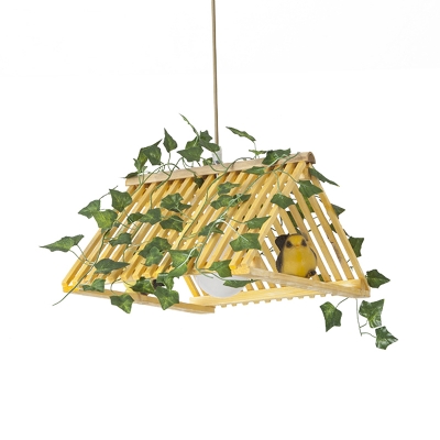 Bamboo Red/Green Plant Pendant Light Triangle Roof 1 Light Cottage Suspended Lighting Fixture