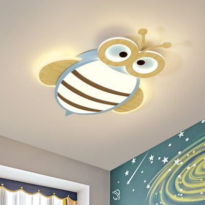 Bee Shape Acrylic Ceiling Flush Cartoon White/Pink/Blue and Wood LED Flush Mount Light for Kids Bedroom