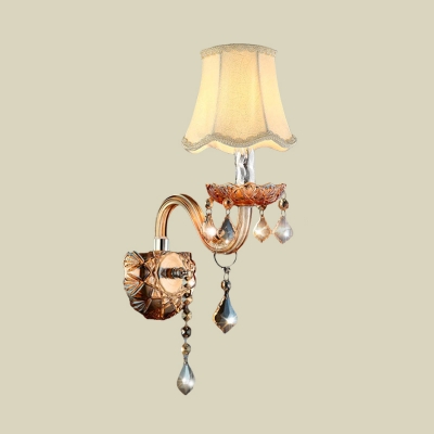 Bell Fabric Wall Light Fixture Traditional 1 Head Bedroom Wall Sconce Lighting in Beige with Crystal Droplets