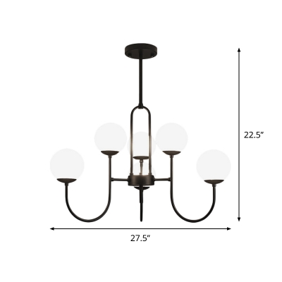 Black Arced Arm Pendant Chandelier Modern 6/9-Light Iron Suspension Lamp with Orb Cream Glass Shade