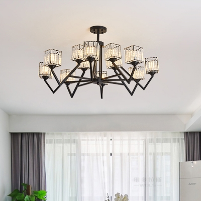 Black Cube Semi Flush Light Fixture Modern Crystal Block 12 Bulbs Living Room Flush Mount with V-Like Arm