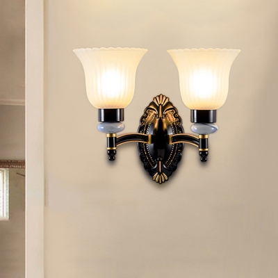 Black Finish 1/2 Light Up Sconce Lighting Traditional White Glass Floral Wall Mounted Lamp