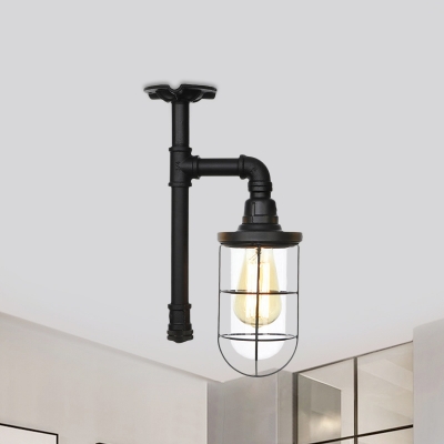 Black Finish 1-Bulb Semi Flush Mount Light Industrial Iron Caged Flush Lamp Fixture with Clear Glass Shade