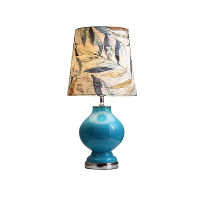 Blue Single Bulb Night Lamp Pastoral Leaf Printing Fabric Barrel Table Light with Globe Base
