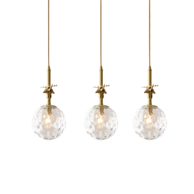 Brass 3 Bulbs Hanging Light Vintage Transparent Hammered Glass Cluster Ball Pendant over Table