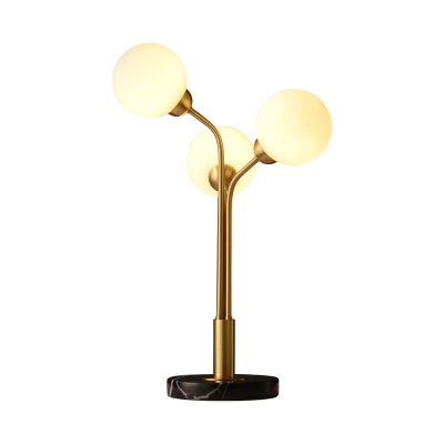 Brass Tree Table Light Postmodern 3 Heads Metal Night Lamp with Ball White Glass Shade